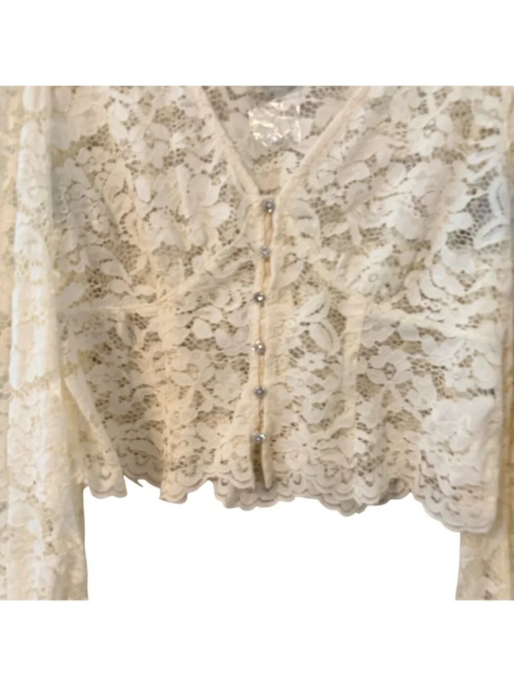 Mine Lace Button-Up Cropped Long-Sleeve Blouse Size L Ivory top. NWT - Picture 5 of 11